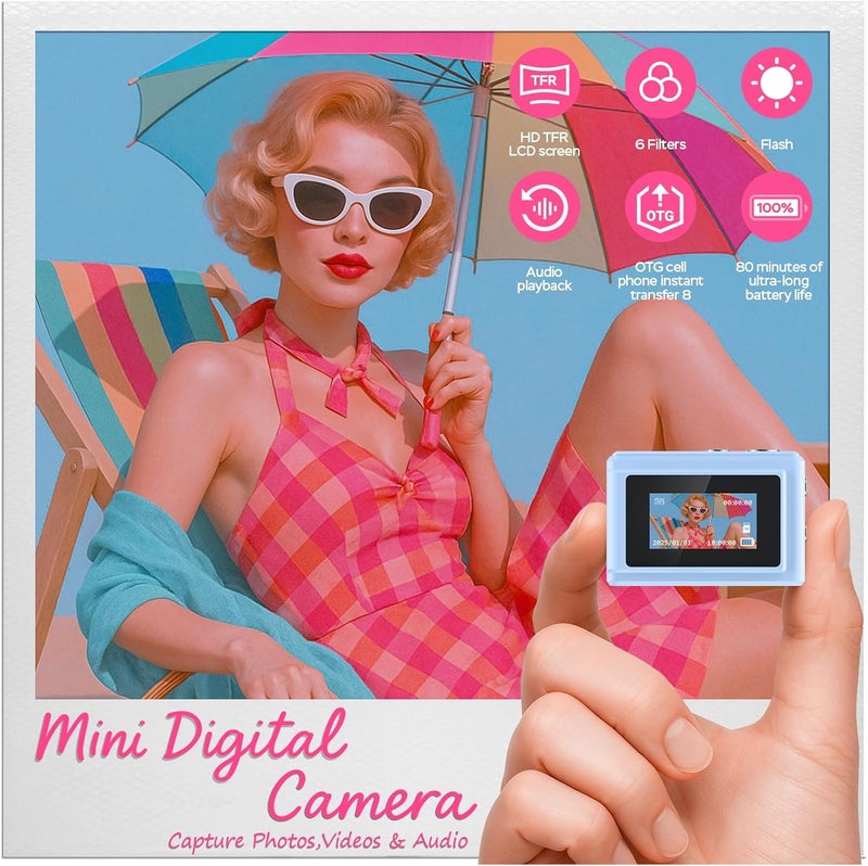 Dienspeak Mini Camera Keychain 1080P Video Recorder, 0.96" HD Display, 64GB, Long Battery Life, Vintage Compact Micro Cameras, Ultra-Portable Tiny Camcorder for Travel Study Recording, Blue - Image 2